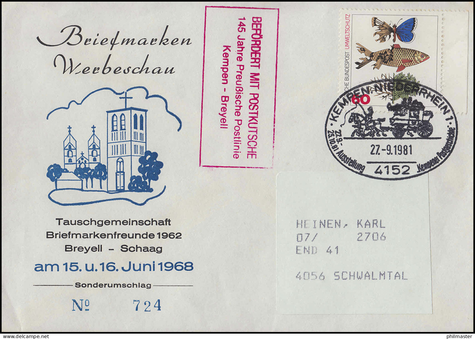 Befördert Mit Postkutsche 145 Jahre Preußische Postlinie Kempen-Breyell 1981 - Andere & Zonder Classificatie