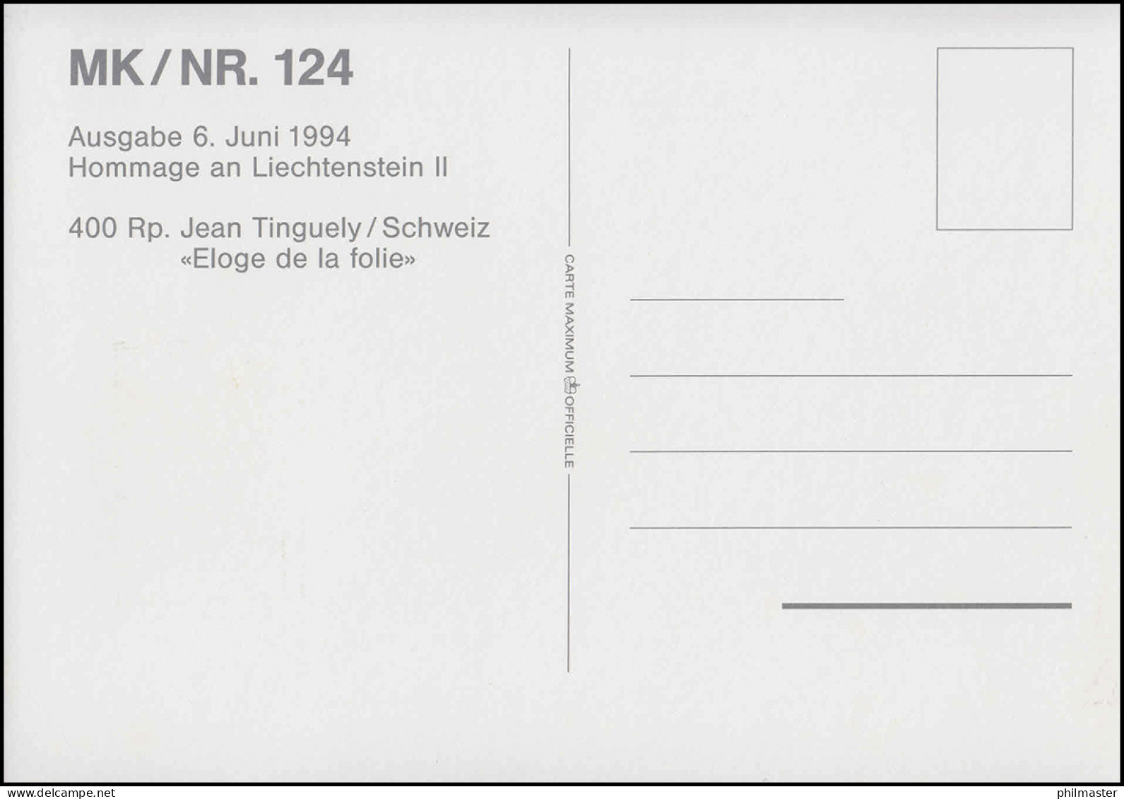 Liechtenstein 1084 Zeitgenössische Kunst - Amtliche Maximumkarte 124, VADUZ 1994 - Cartes-Maximum (CM)