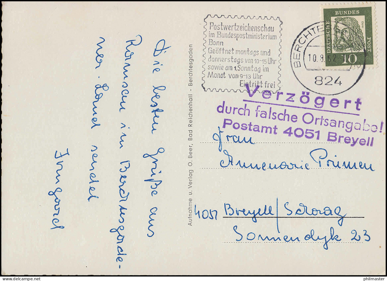 Verzögert Durch Falsche Ortsangabe! Postamt 4051 Breyell: Stempel Auf AK 10.8.62 - Other & Unclassified