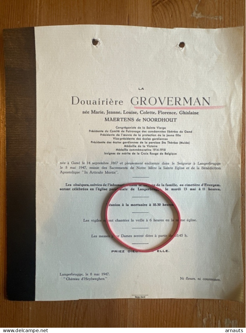 Douairiere Groverman Nee Maertens De Noordhout Croix Rouge Belgique *1867 Gand +1947 Langerbrugge Evergem Chateau Muide - Todesanzeige