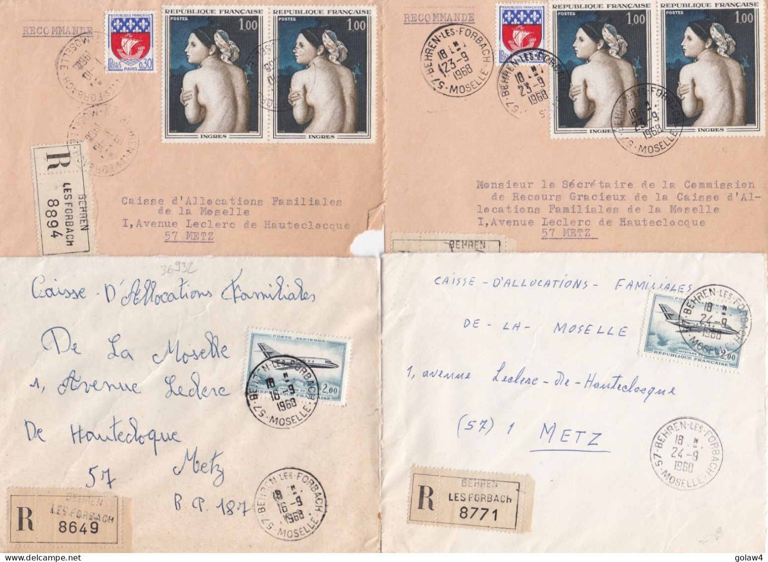 36932# LOT 9 LETTRES FRANCHISE PARTIELLE RECOMMANDE Obl 57 BEHREN LES FORBACH MOSELLE 1968 Pour METZ 57 - Cartas & Documentos