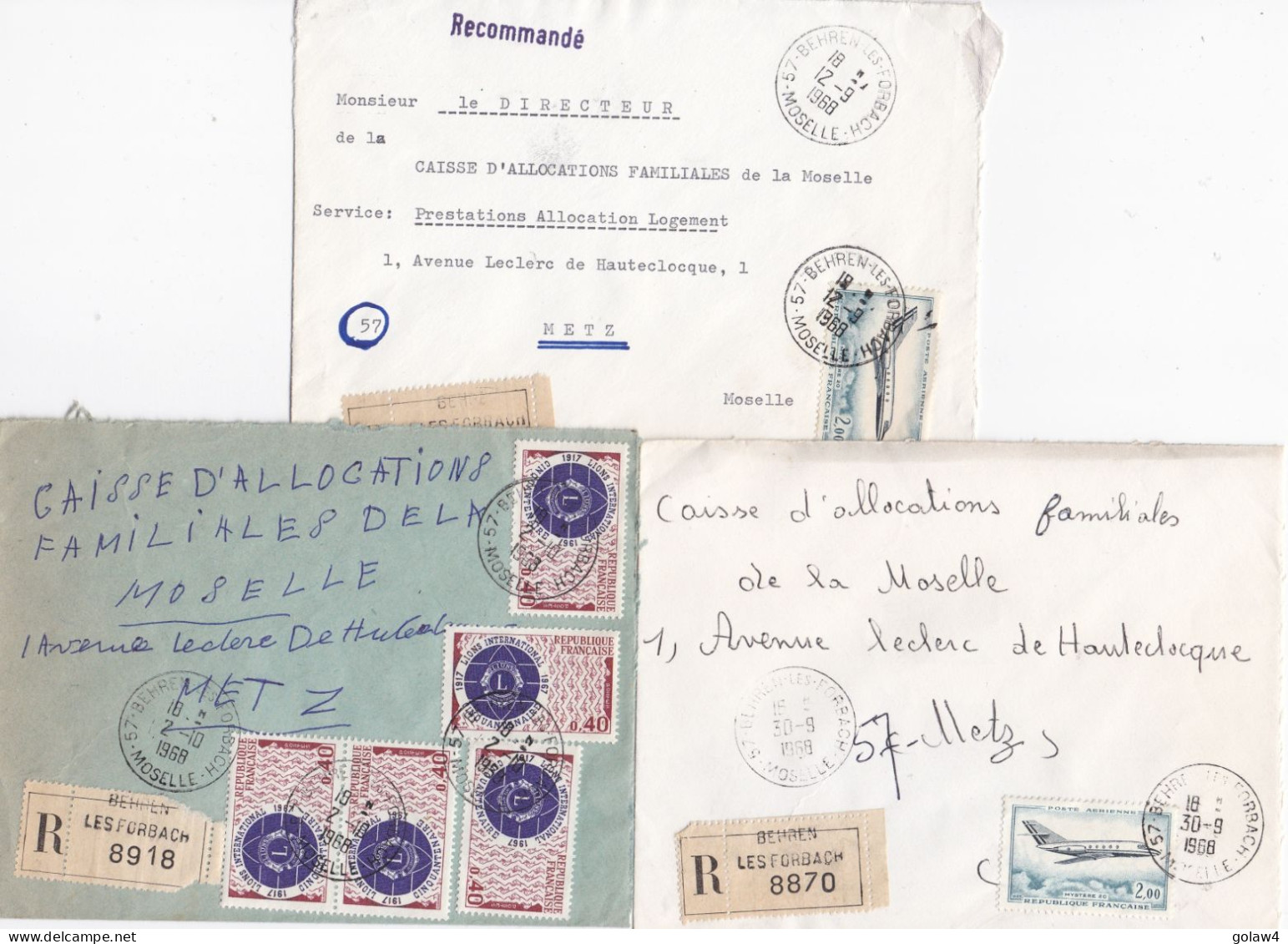 36932# LOT 9 LETTRES FRANCHISE PARTIELLE RECOMMANDE Obl 57 BEHREN LES FORBACH MOSELLE 1968 Pour METZ 57 - Storia Postale