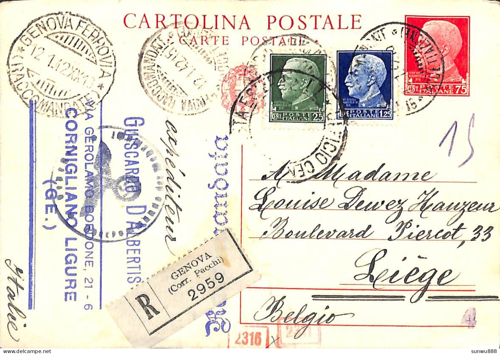 Italy Censor Censura Aigle 1942 Belgium Registered Genova - Poststempel