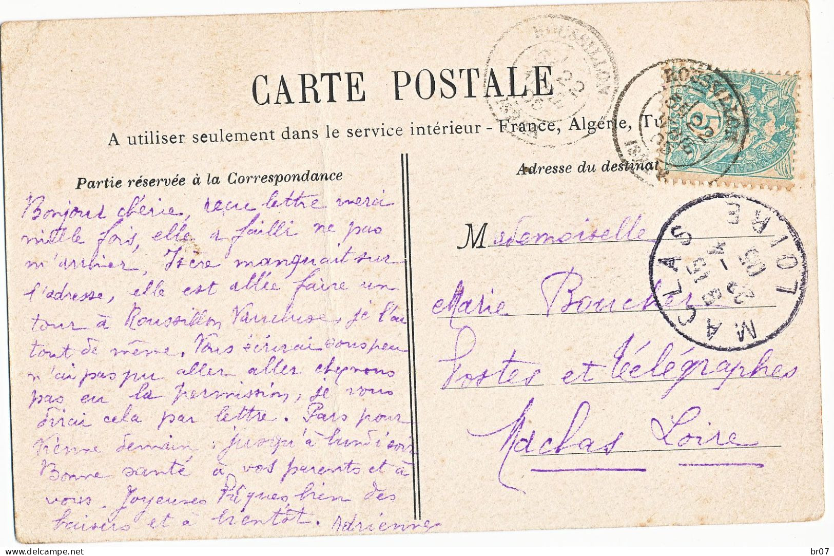 T18 TRES TARDIF ISERE CP 1905 ROSSILLON TYPE 18 TRES TARDIF SUR 5C BLANC - 1877-1920: Période Semi Moderne
