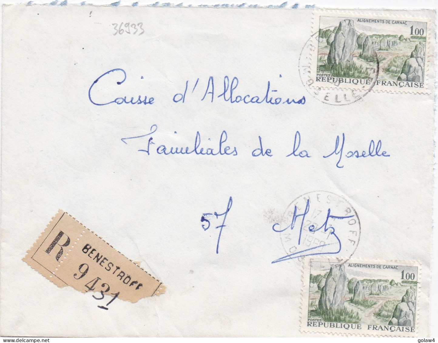 36933# LETTRE FRANCHISE PARTIELLE RECOMMANDE Obl BENESTROFF MOSELLE 1968 Pour METZ 57 - Brieven En Documenten