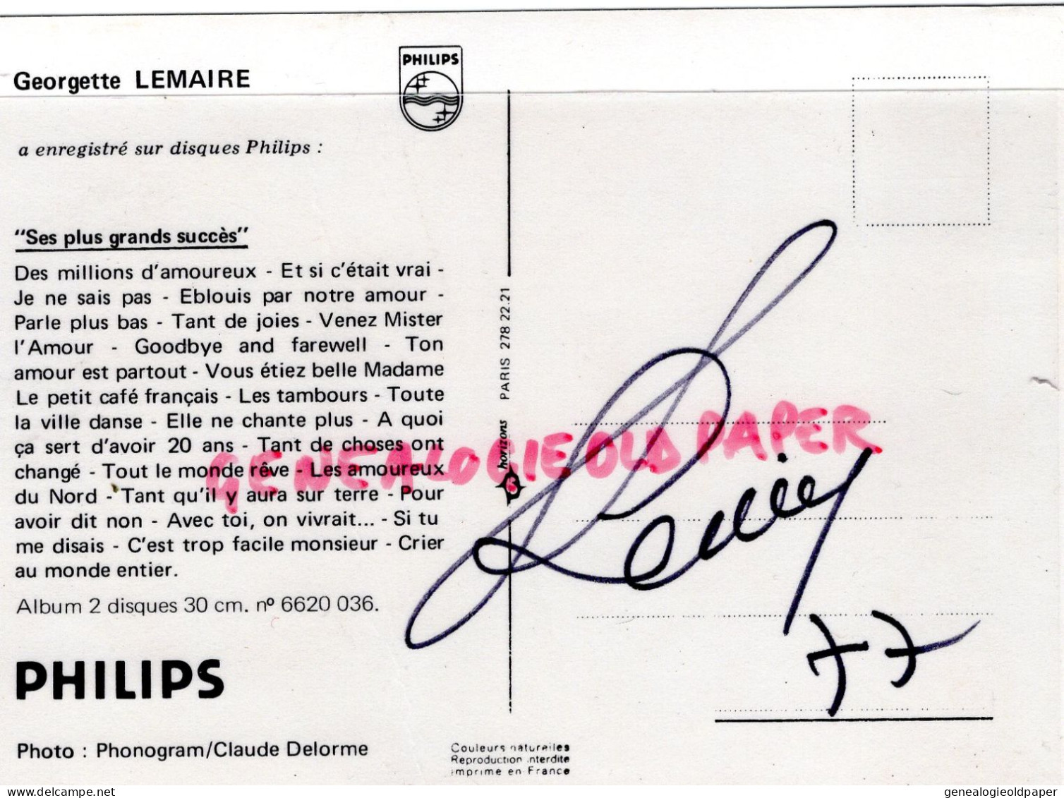 GEORGETTE LEMAIRE - PHILIPS  CARTE DEDICACEE  1977 - Zangers En Musicus