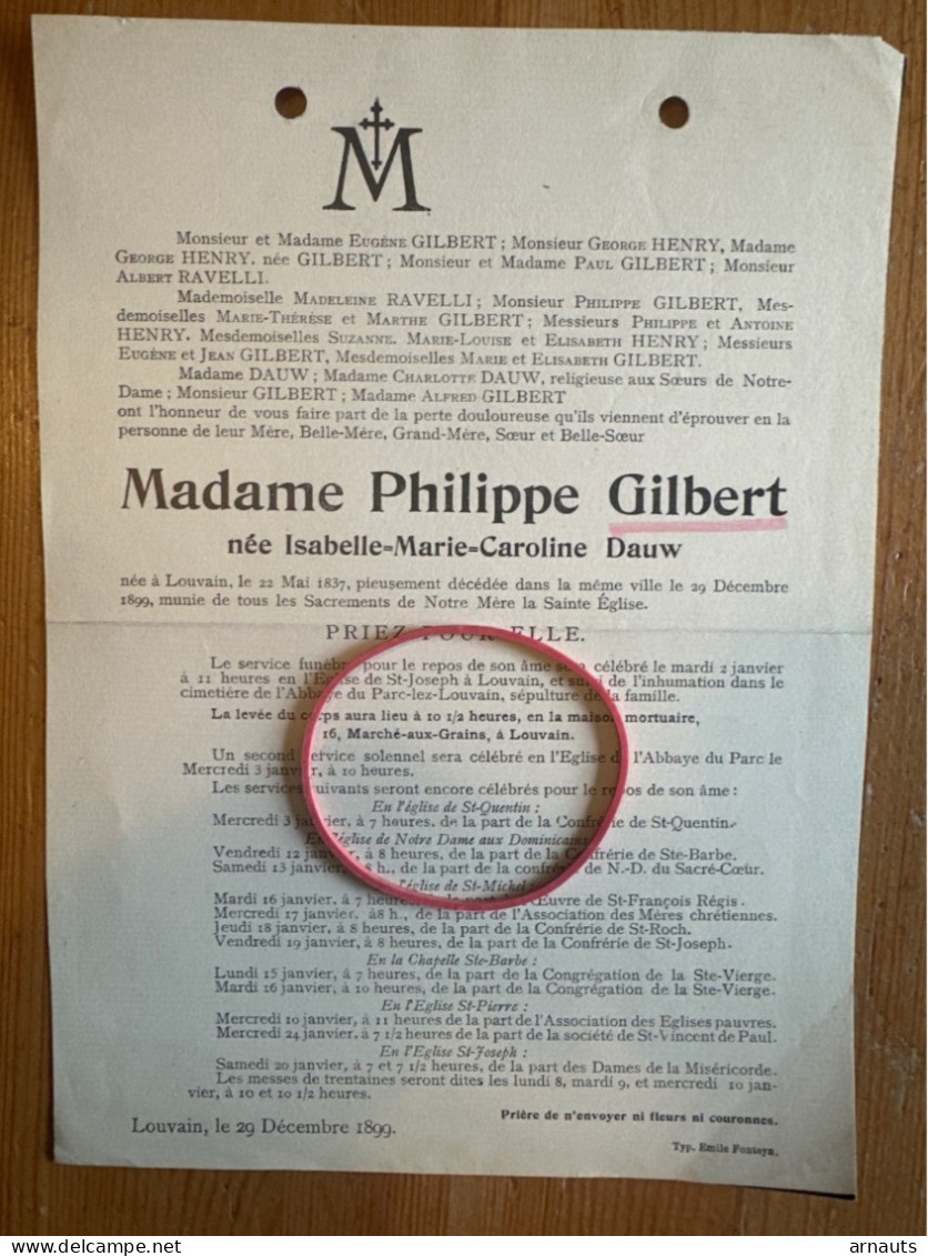 Madame Philippe Gilbert Nee Dauw Isabelle *1837 Louvain +189@ Leuven Abbaye Parc Heverlee Ravelli - Obituary Notices