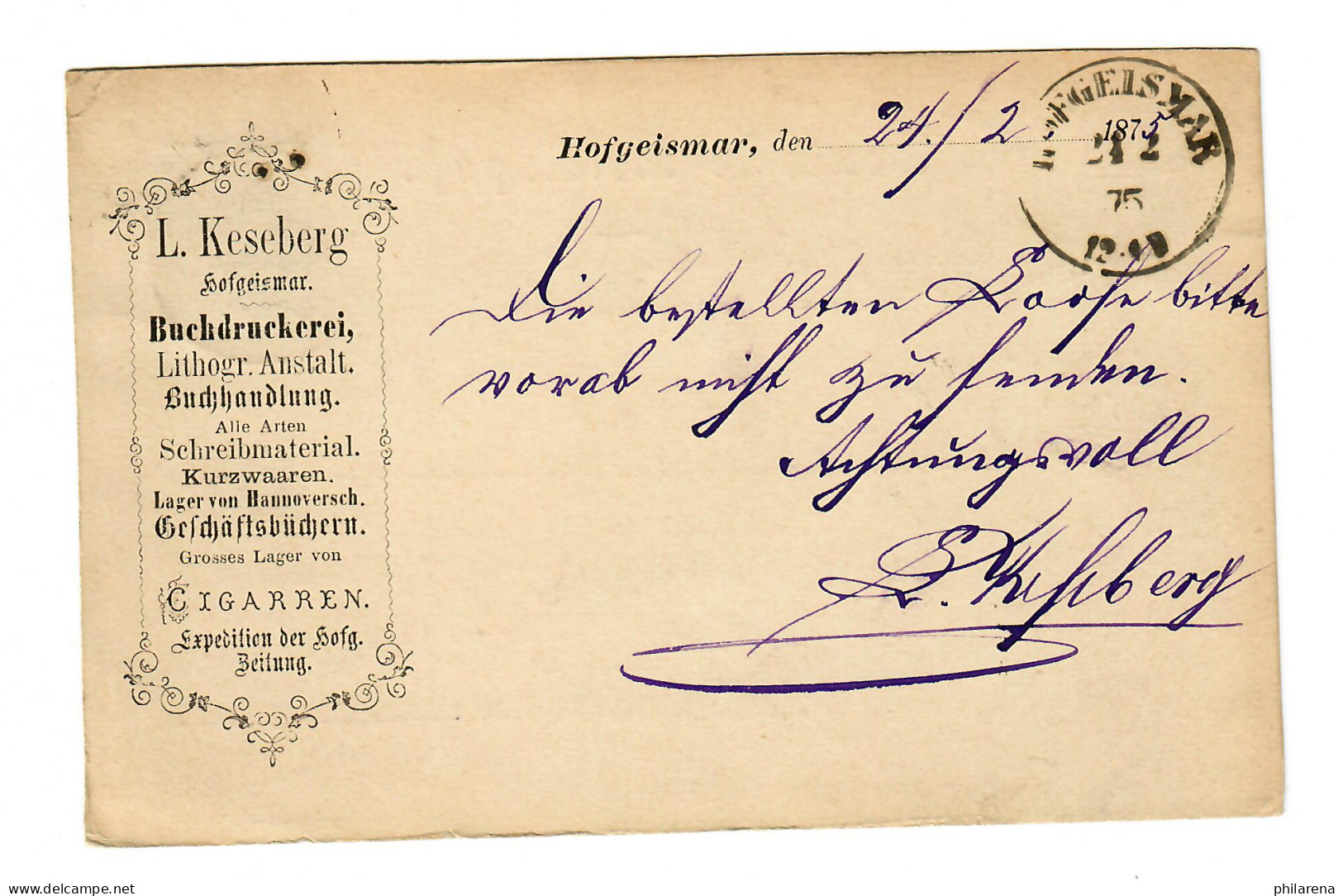 Postkarte Hofgeismar 1875 Nach Kassel, Buchdruckerei, Zigarren - Lettres & Documents
