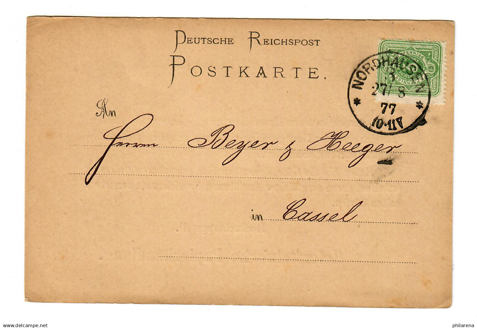 Postkarte Nordhausen, 1877 Nach Kassel, Papierhandlung - Briefe U. Dokumente