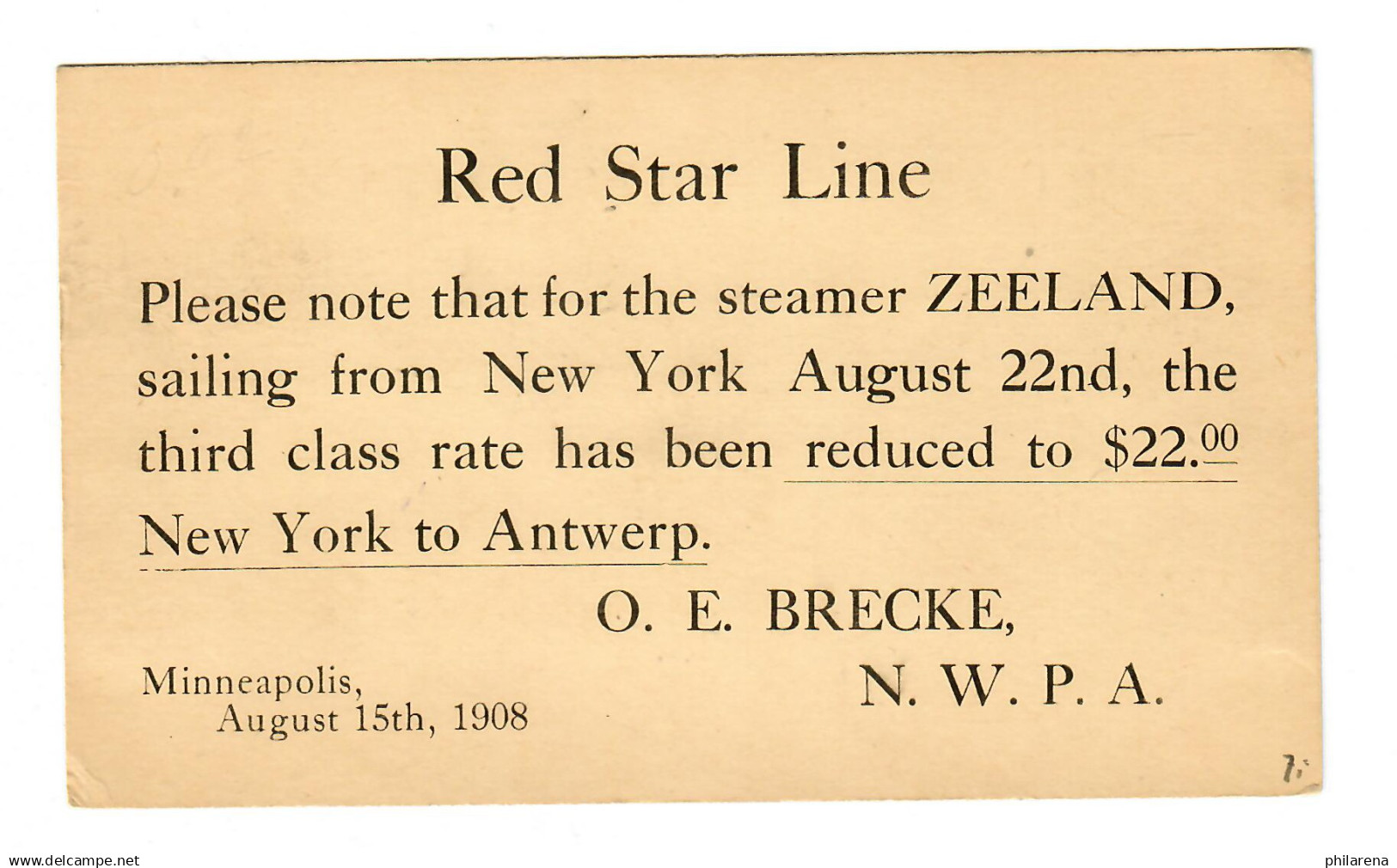 Postkarte 1908, Mineapolis/Minn Nach Loretto: Dampfschiff Zeeland Ticket Preis - Sonstige & Ohne Zuordnung