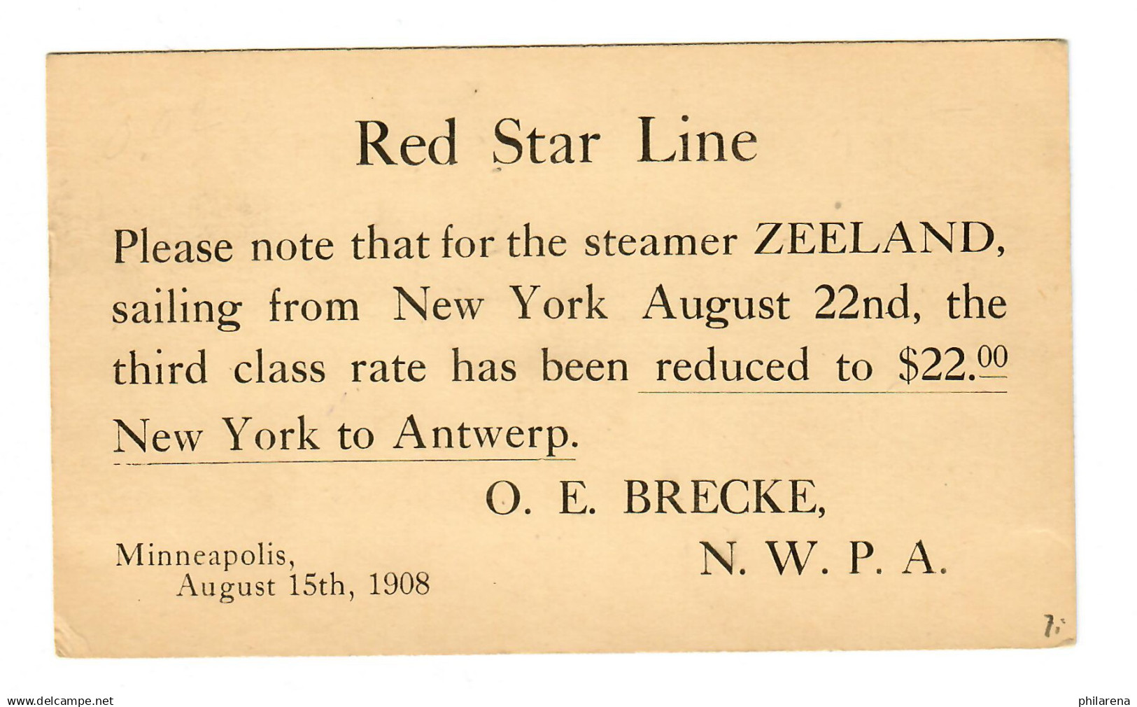 Postkarte 1908, Mineapolis/Minn Nach Loretto: Dampfschiff Zeeland Ticket Preis - Autres & Non Classés