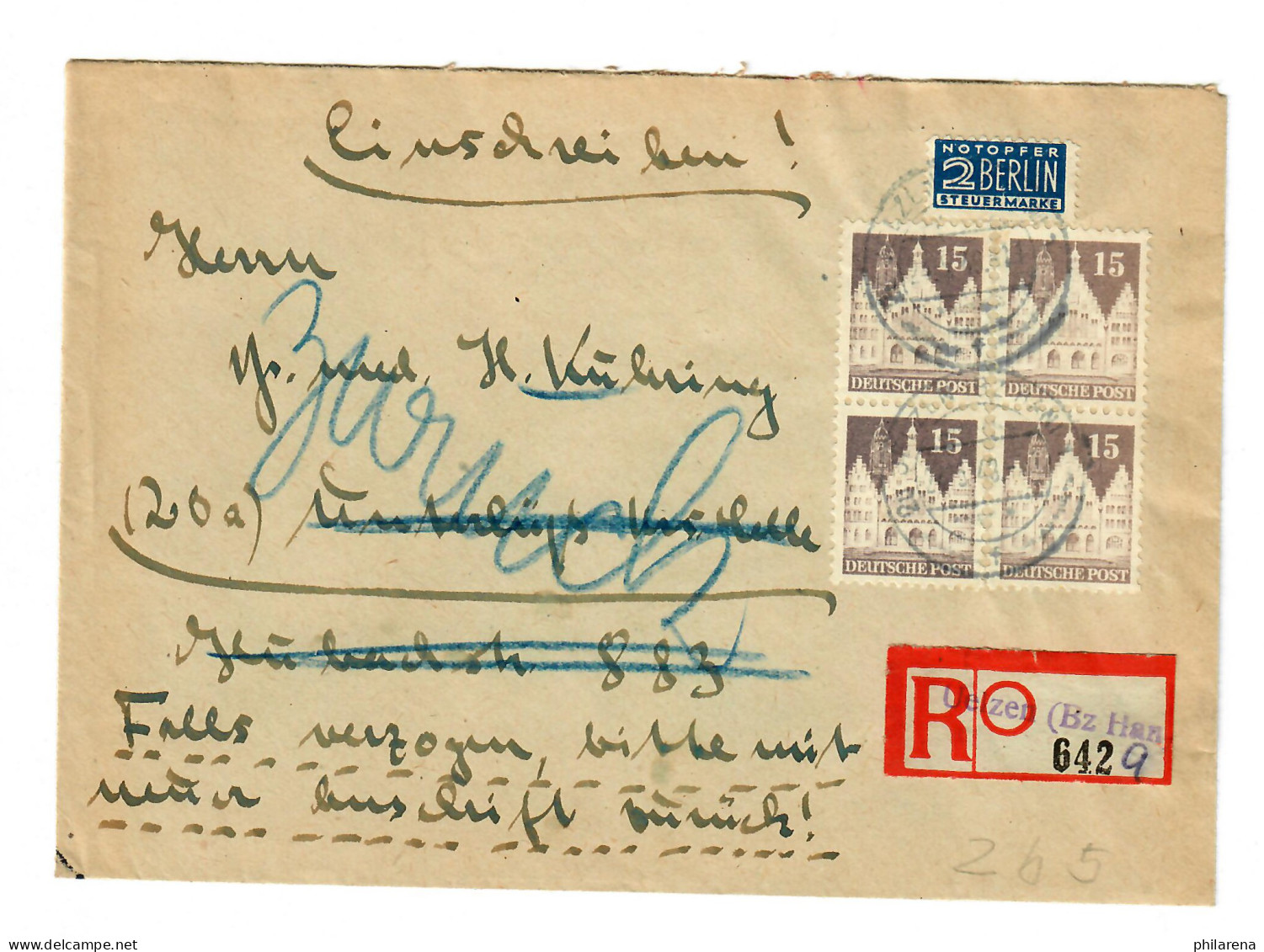 Uelzen, Einschreiben Weiterleitung Und Zurück, 1949, Viererblock - Briefe U. Dokumente