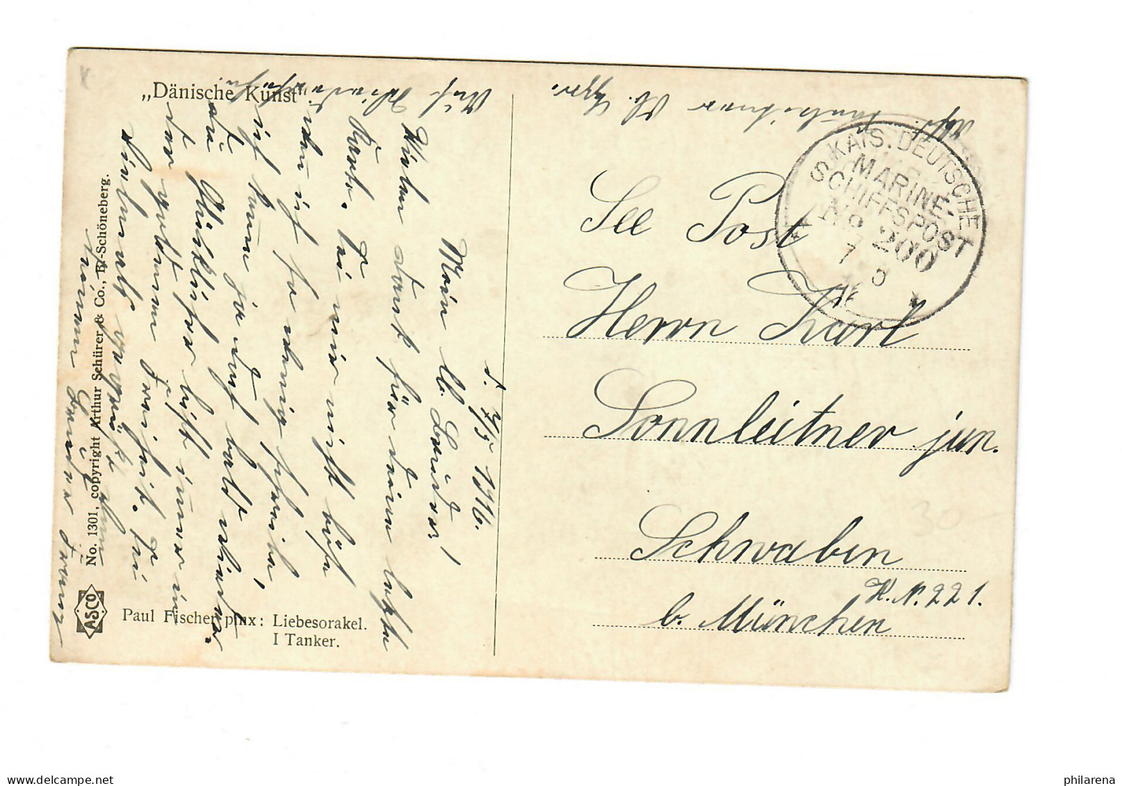 Marine Schiffspost No. 200, 1916 Auf Ansichtskarte Dänische Kunst, Frau Auf Bank - Briefe U. Dokumente