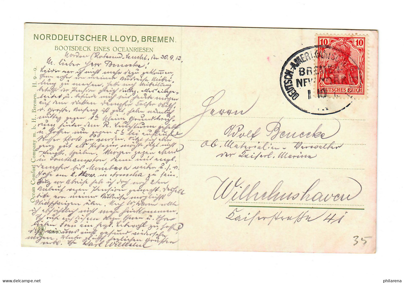 Norddeutscher Lloyd, Bremen, AK Bootsdeck, Deutsch-Amerik. Seepost New York 1913 - Briefe U. Dokumente