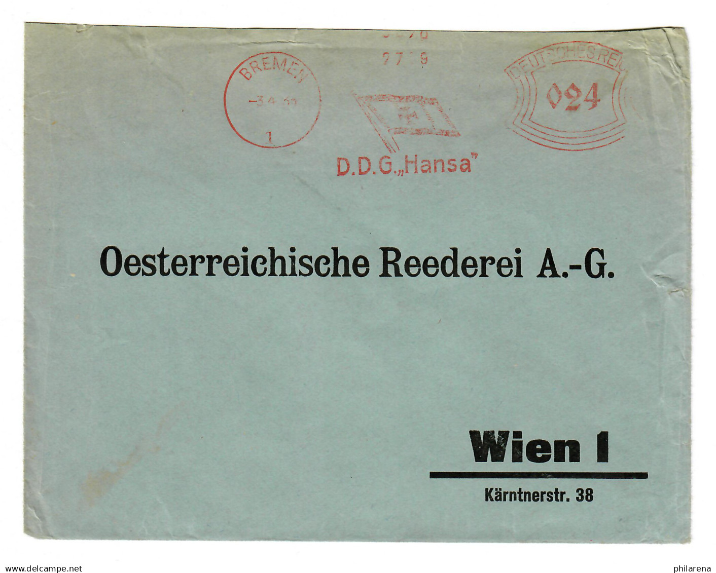 Freistempel Bremein: D.D.G. Hansa Nach Wien, Österr. Reederei, Dampfschifffahrt - Covers & Documents