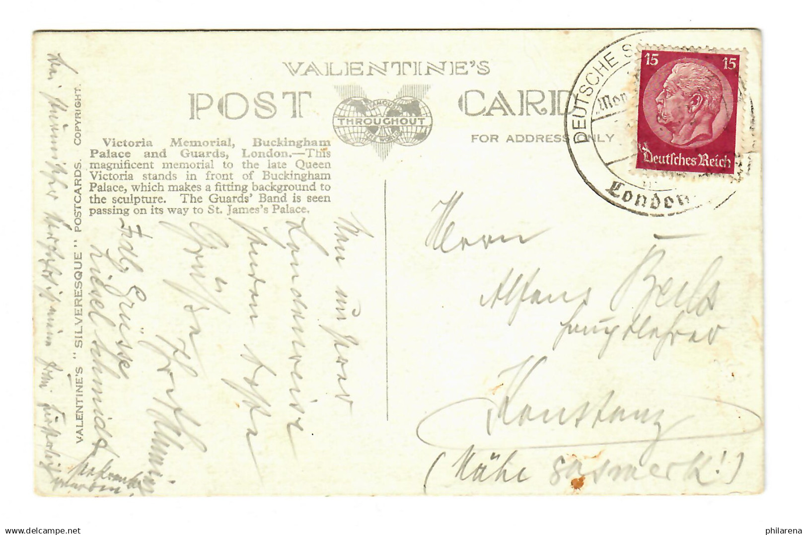 AK London, Victoria Memorial, Deutsche Seepost, London Nach Konstanz,  - Storia Postale