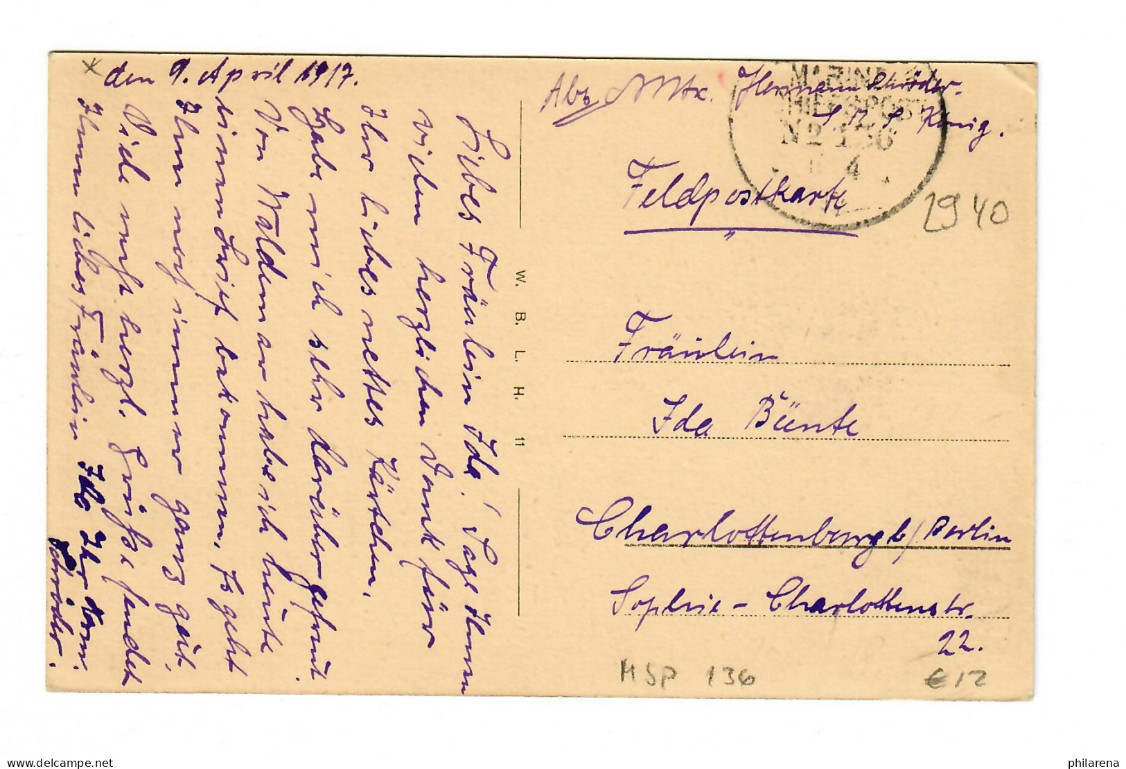 AK Wilhelmshaven, Marine Schiffspost No. 136, Feldpostkarte 1917 - Storia Postale