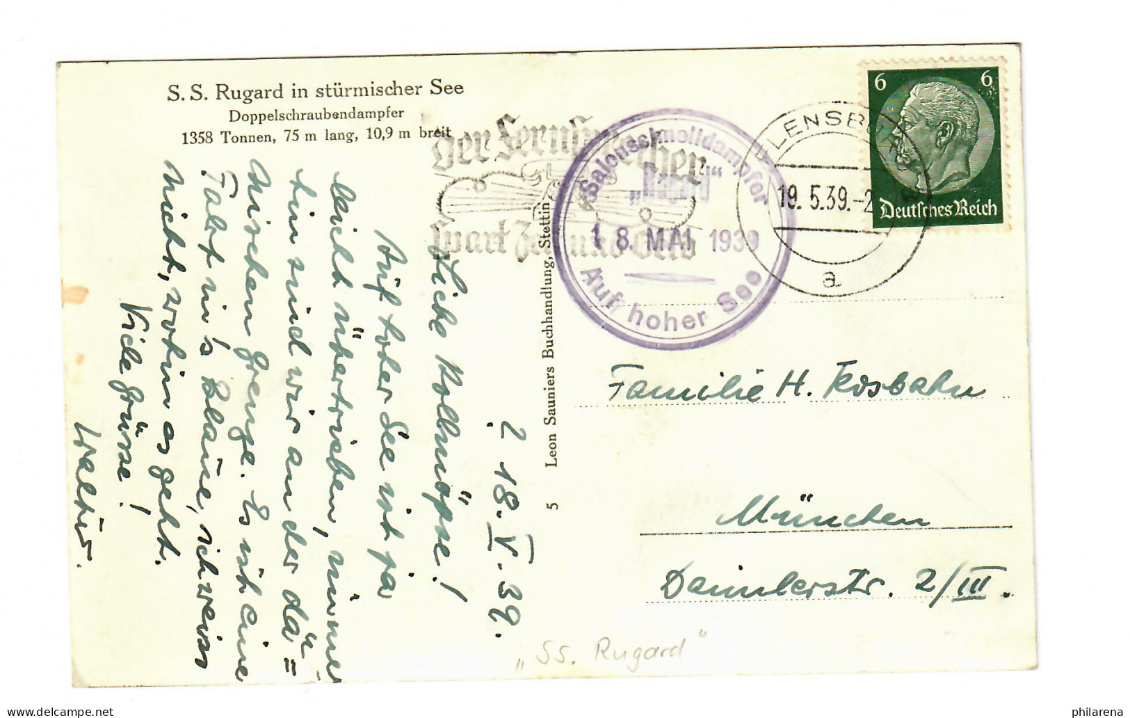 S.S. Rugard, AK Salonschnelldampfer Flensburg 1939 Auf Hoher See, Nach München - Lettres & Documents