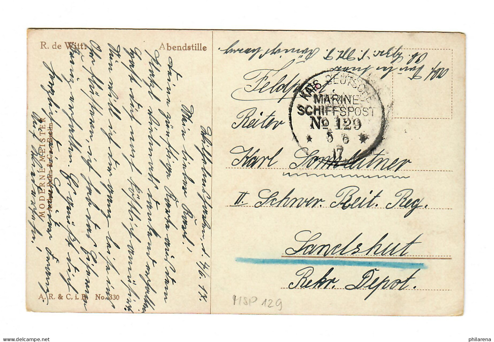 AK Abendstille, Boot Am See, Marine Schiffspost Nr. 129, 1917 Nach Landshut - Cartas & Documentos