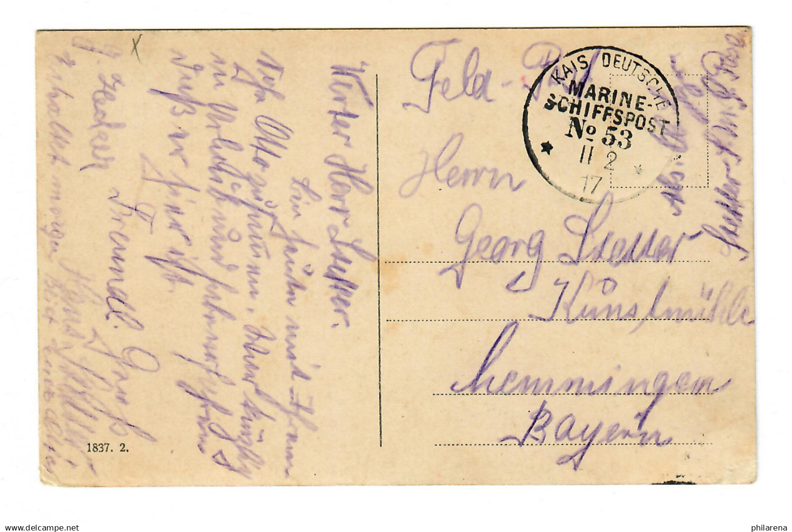 AK S.M.S. Elsass, Marine Schiffspost No. 53 Nach Memmingen, 1917 - Storia Postale