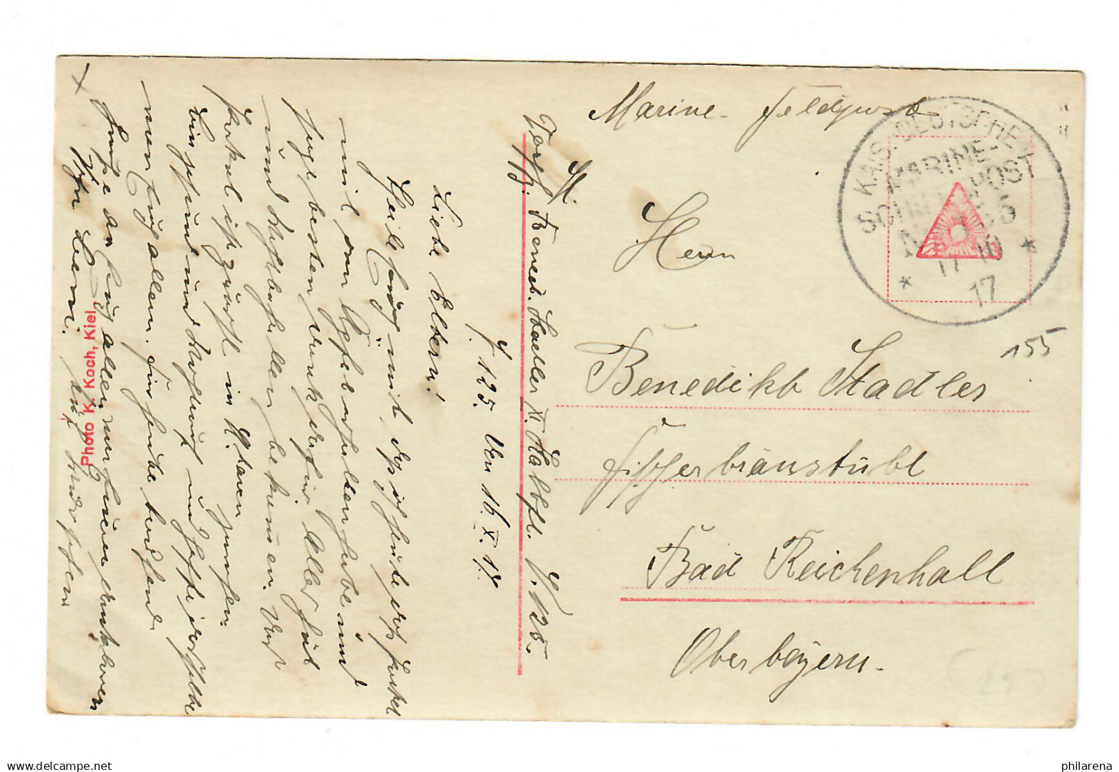 AK Kiel Rathaus, Marine Schiffspost No. 155 Nach Bad Reichenhall, 1917 - Storia Postale