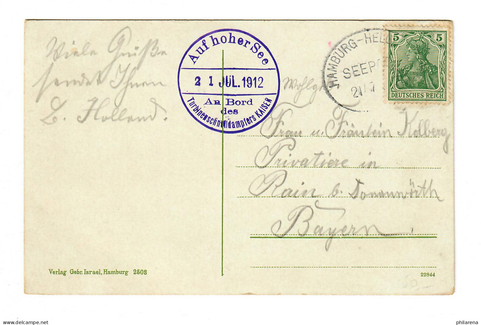 AK Helgoland: 1912 Seepost Hamburg - Helgoland, Turbinenschnelldampfer Kaiser - Covers & Documents