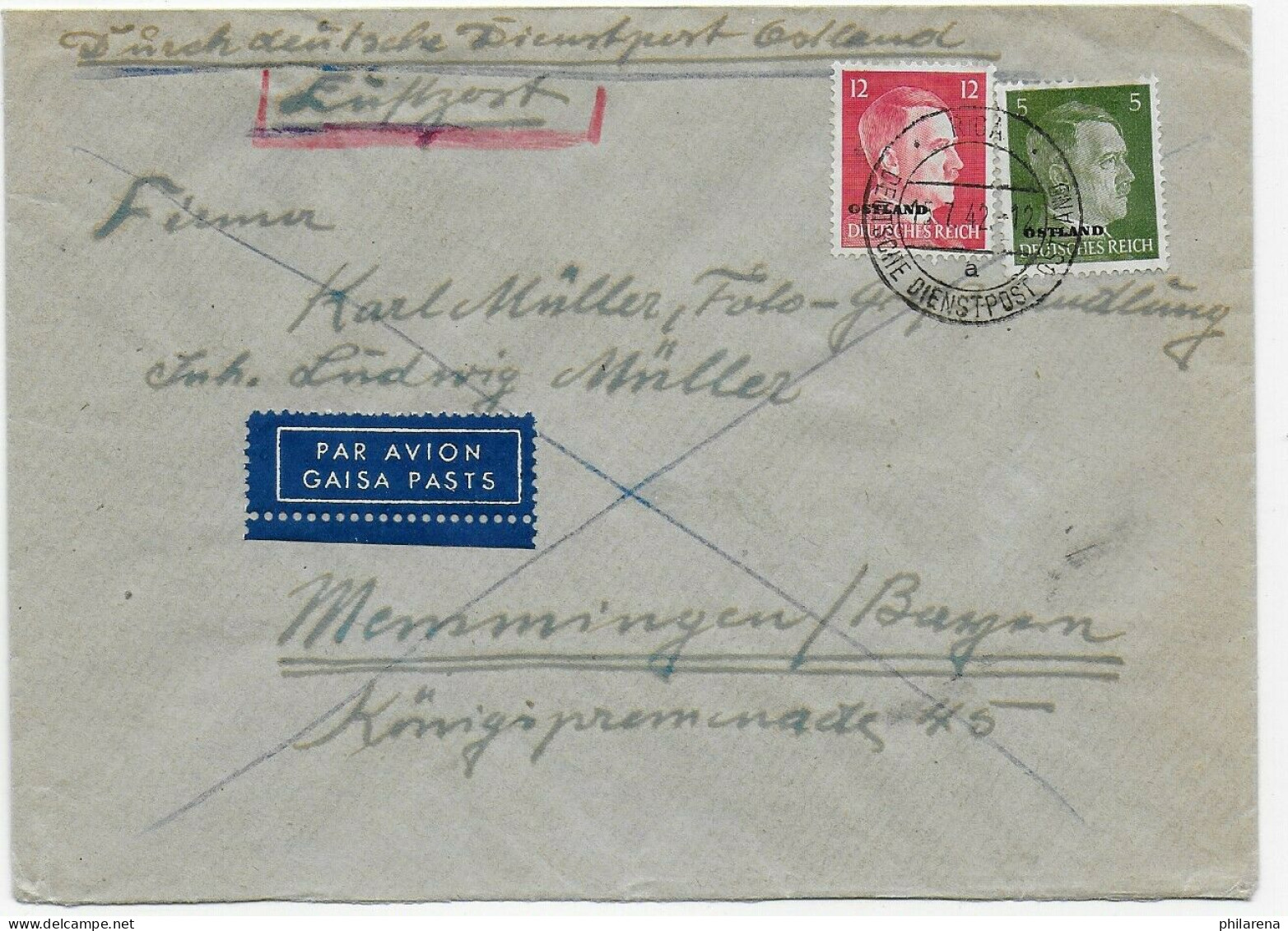 Luftpost: Durch Deutsche Dienstpost Ostland, Riga, Nach Memingen 1942 - Storia Postale