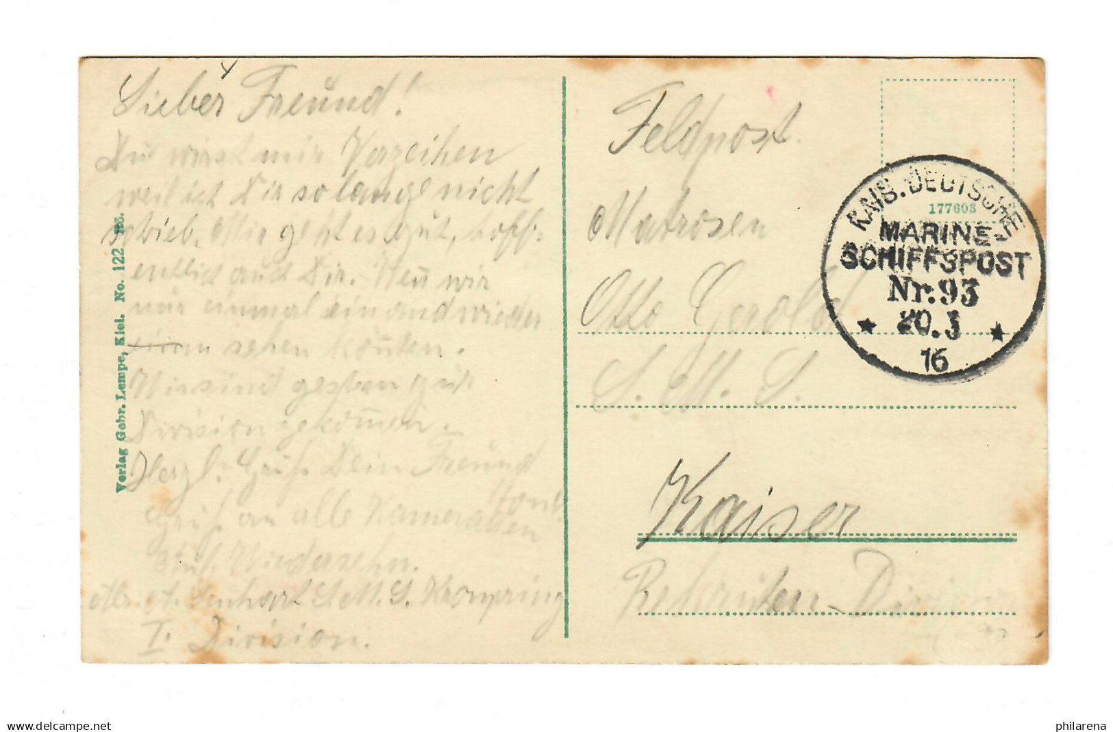 AK S.M.S. Kronprinz, Marine Schiffspost No 93 Nach Kaiser, 1916 - Cartas & Documentos