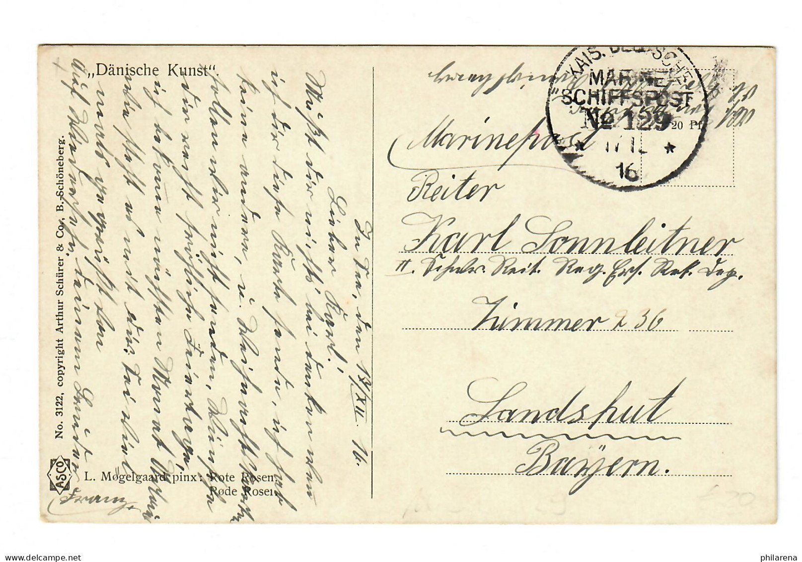 AK Dänische Kunst Mädchen Vor Haus, Marine Schiffspost No 129 Nach Landshut 1916 - Briefe U. Dokumente