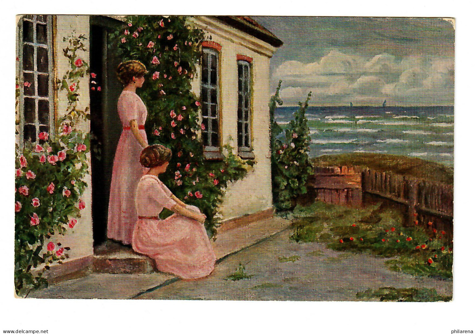 AK Dänische Kunst Mädchen Vor Haus, Marine Schiffspost No 129 Nach Landshut 1916 - Brieven En Documenten