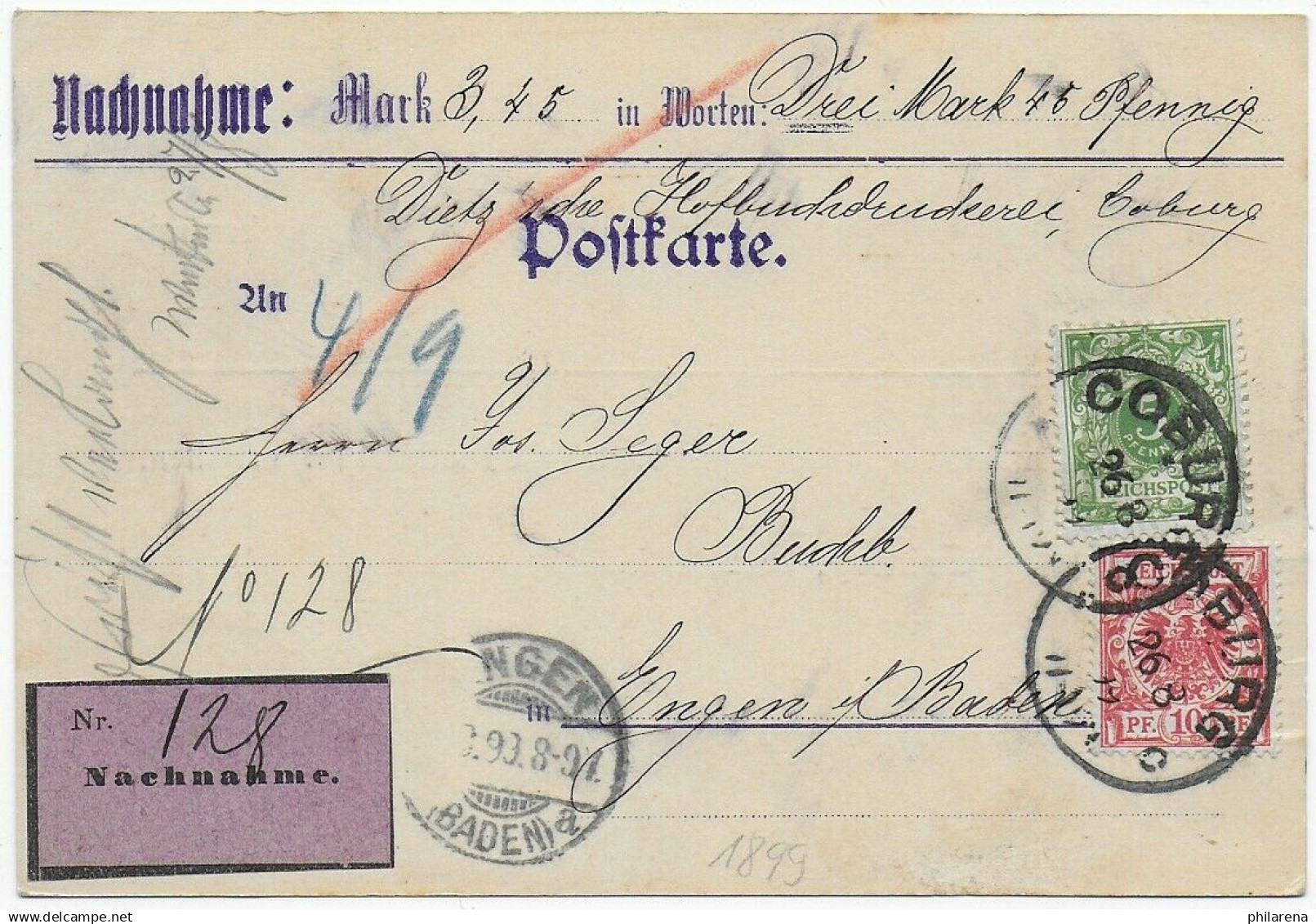 Nachnahme Postkarte Coburg 1899 Nach Engen - Brieven En Documenten