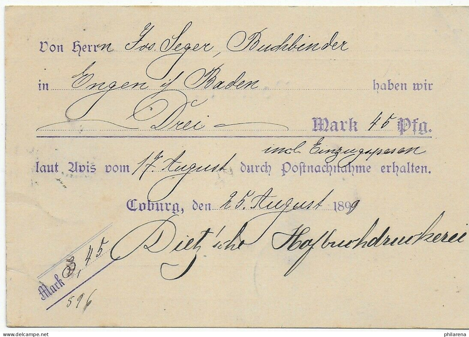 Nachnahme Postkarte Coburg 1899 Nach Engen - Briefe U. Dokumente