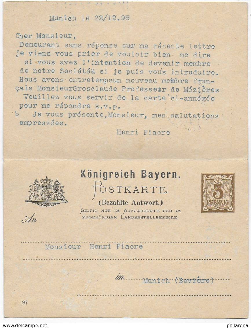Ganzsache Mit Antwortkarte München Nach Chantelle/France 1898 - Cartas & Documentos