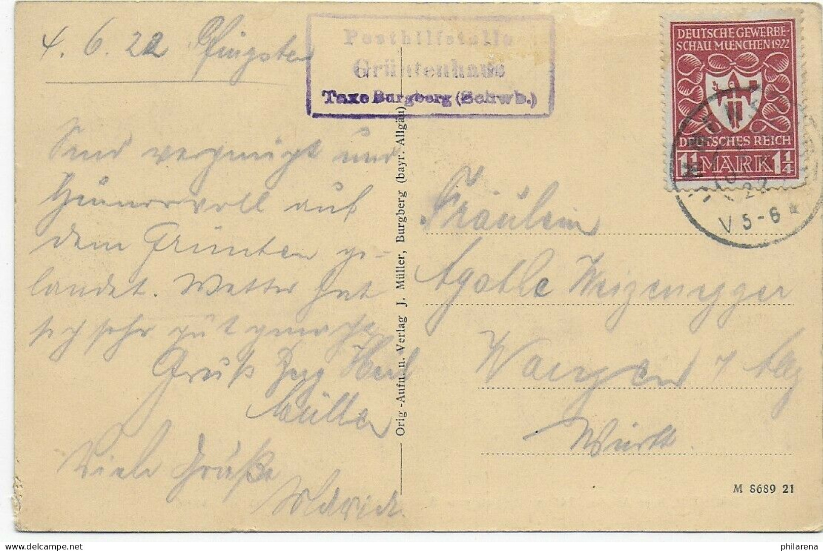 Ansichtskarte Grünten 1922 Posthilfstelle Grüntenhaus, Taxe Burgberg - Otros & Sin Clasificación
