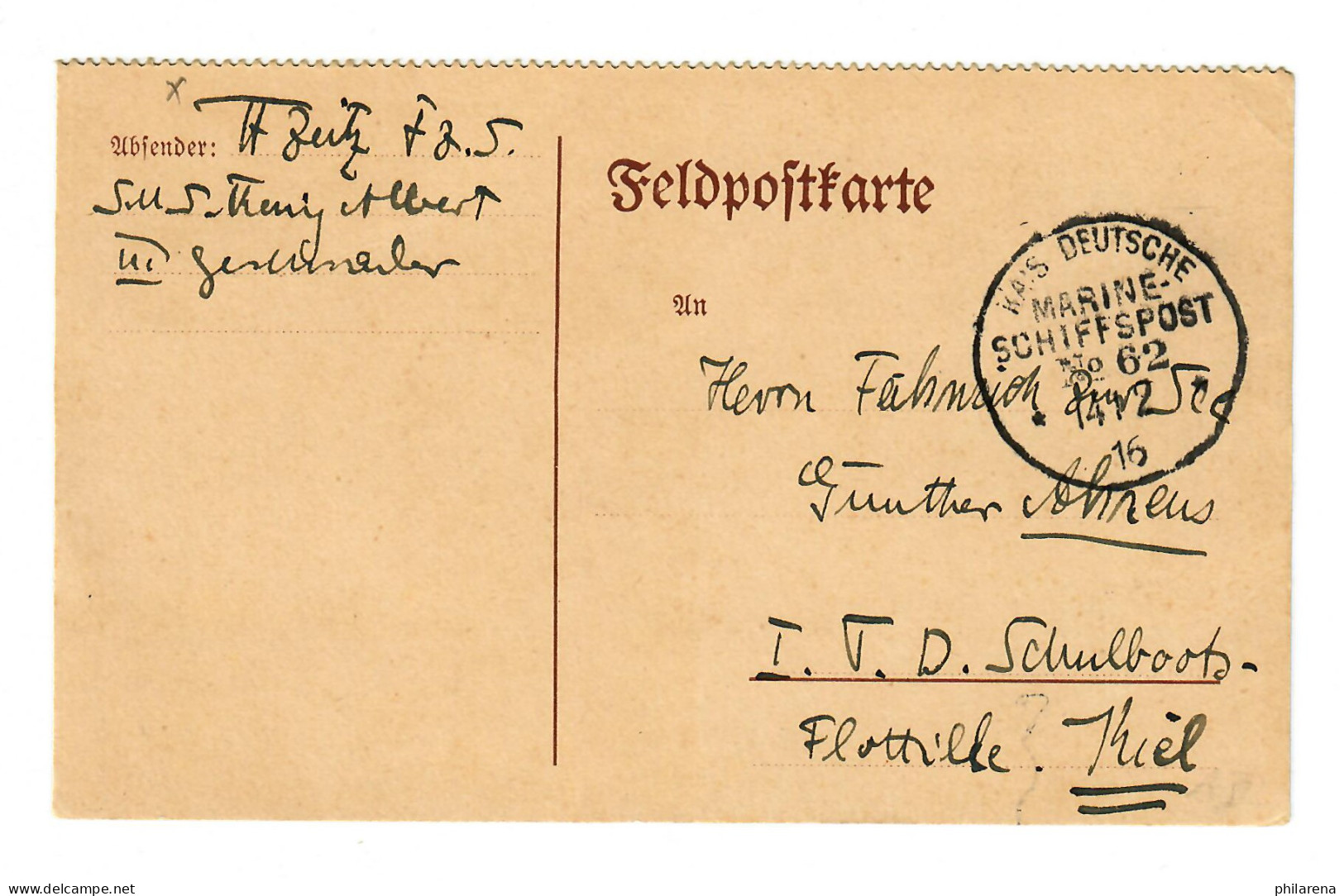 Feldpostkarte S.M.S. König Albert III, Marine Schiffspost No. 62 - 1916 - Briefe U. Dokumente