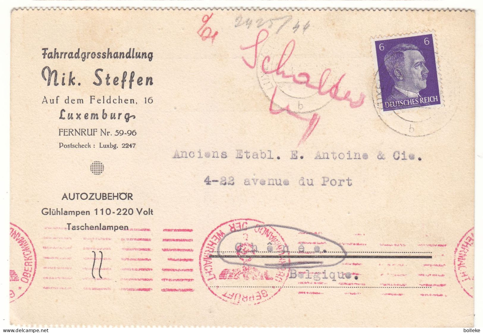 Allemagne - Troisième Reich - Carte Postale De 1942 - Oblit Luxembourg - Exp Vers Chênée - Avec Censure - Hitler - - Lettres & Documents