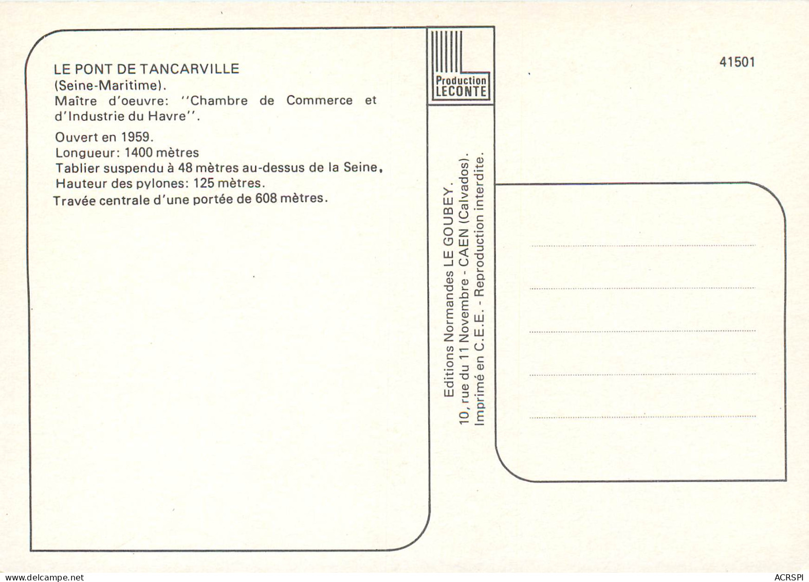 LE PONT DE TANCARVILLE Maitre D Oeuvre Chambre De Commerce Et D Industrie Du Havre 22(scan Recto-verso) MD2511 - Tancarville