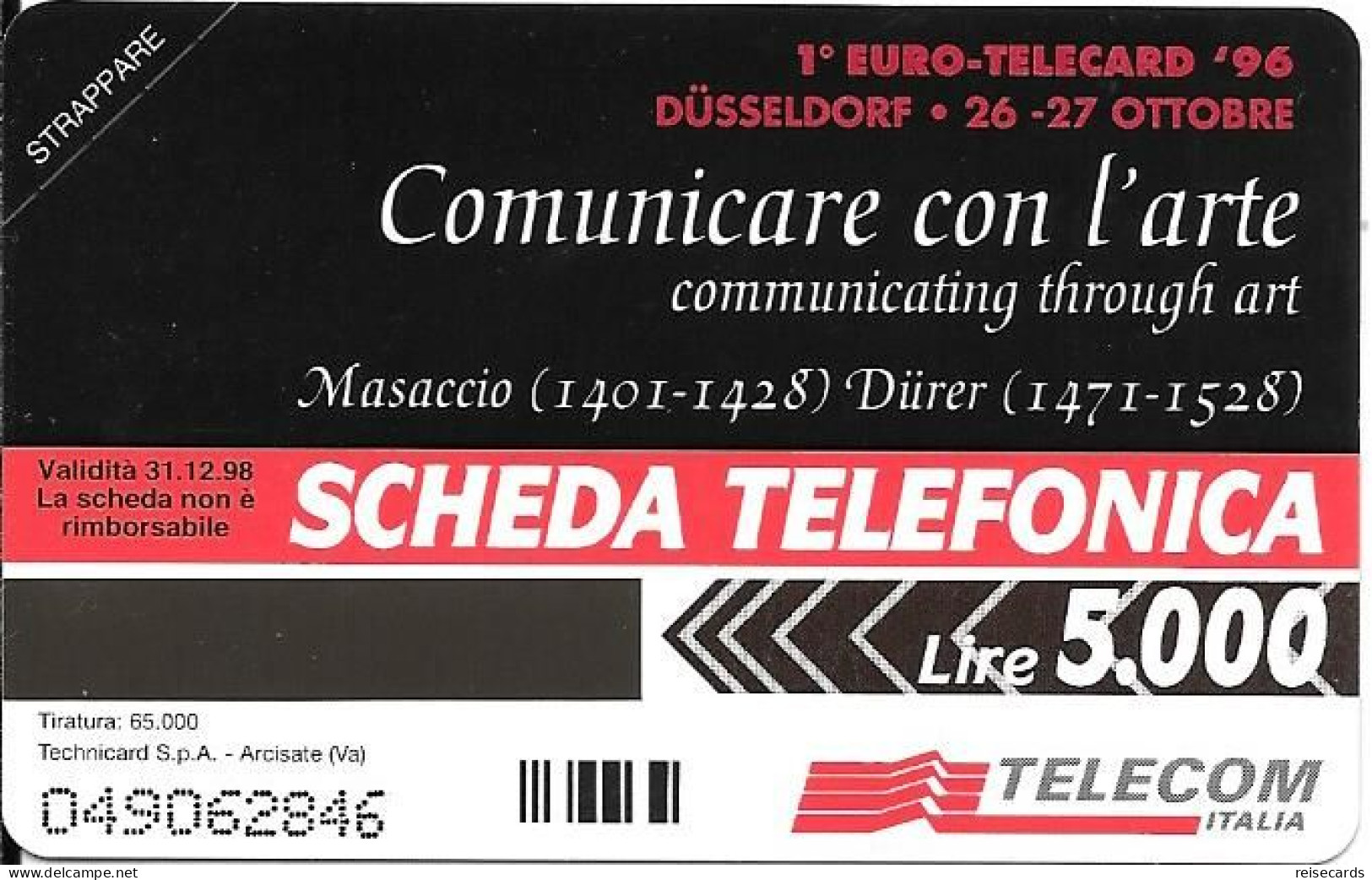 Italy: Telecom Italia - 1. Euro-Telecard '96 Düsseldorf, Masaccio - Dürrer - Öff. Werbe-TK