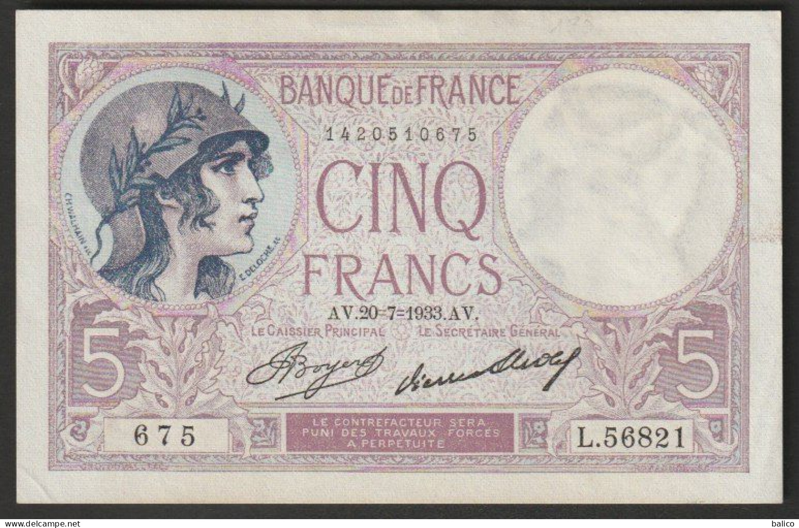 France - Billet 5 Francs Violet Du AV. 20-7-1933.AV    N°   L.56821 - 675  (pas Plié Et De Trous D'épingle) - 5 F 1917-1940 ''Violet''