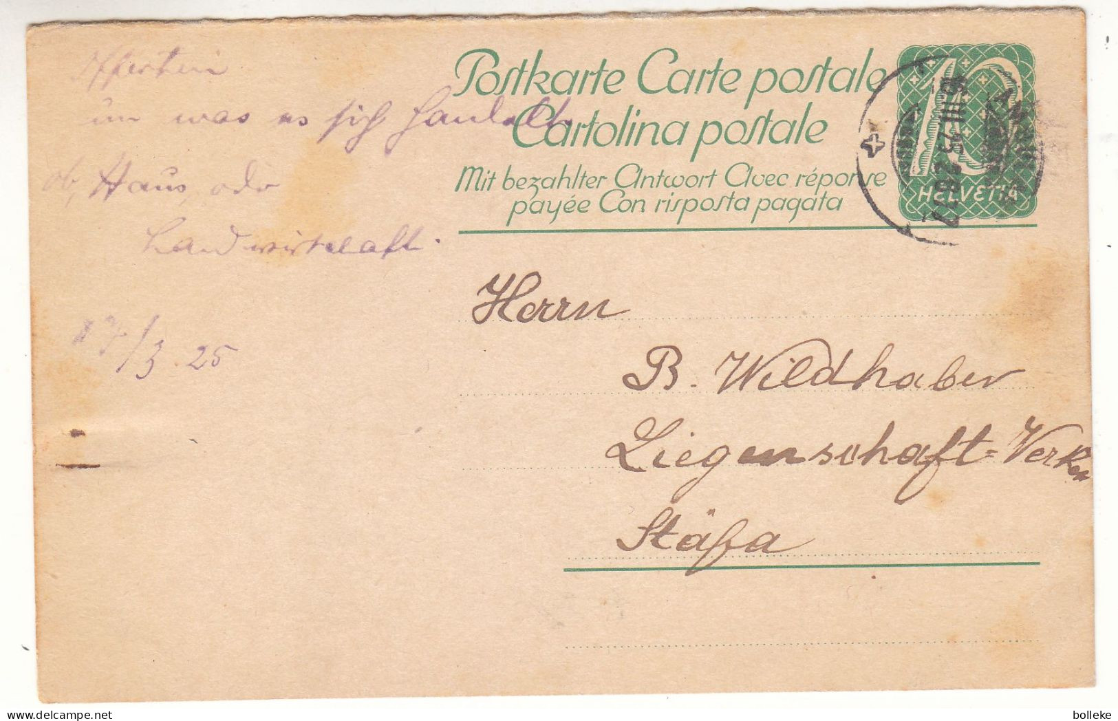 Suisse - Carte Postale De 1925 - Entier Postal - Oblit Ambulant - Exp Vers Stäfa - - Briefe U. Dokumente