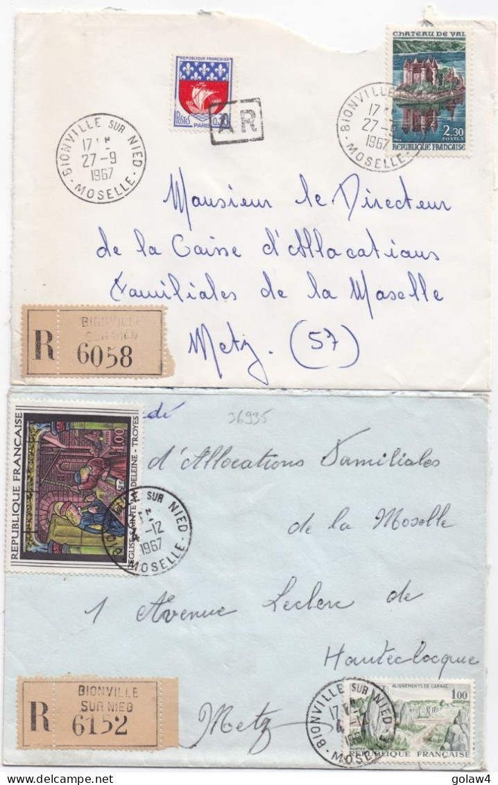 36935# LOT 2 LETTRES FRANCHISE PARTIELLE RECOMMANDE Obl BIONVILLE SUR NIED MOSELLE 1967 Pour METZ 57 - Cartas & Documentos