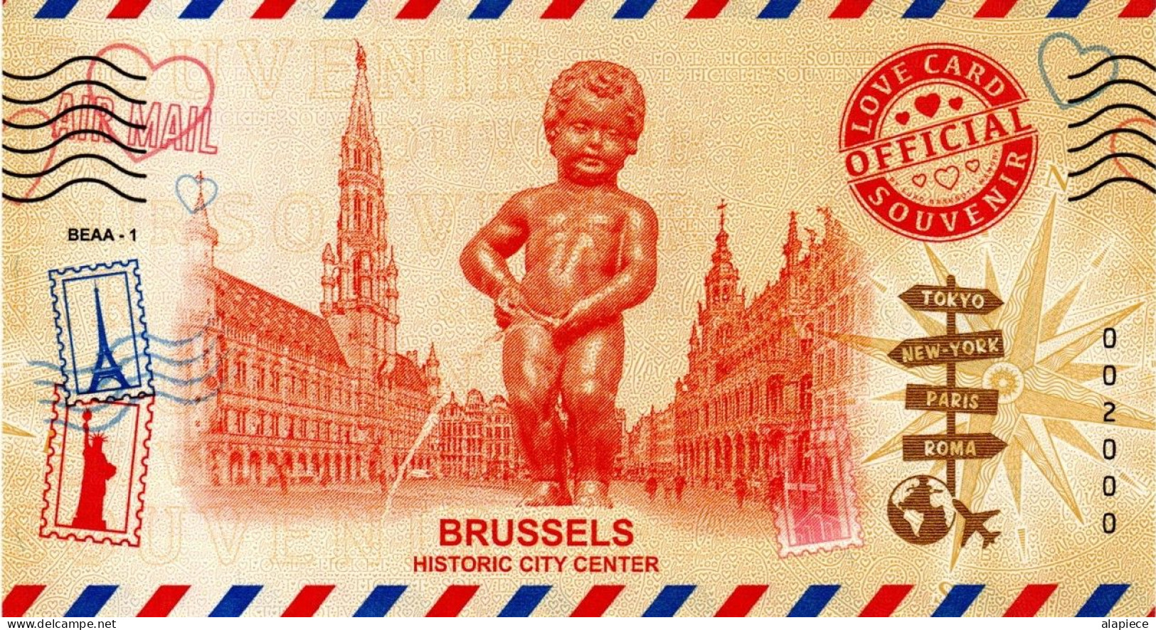 Billet "love Card Souvenir" - Brussels - Historic City Center (BEAA-1) N°2000 - Private Proofs / Unofficial