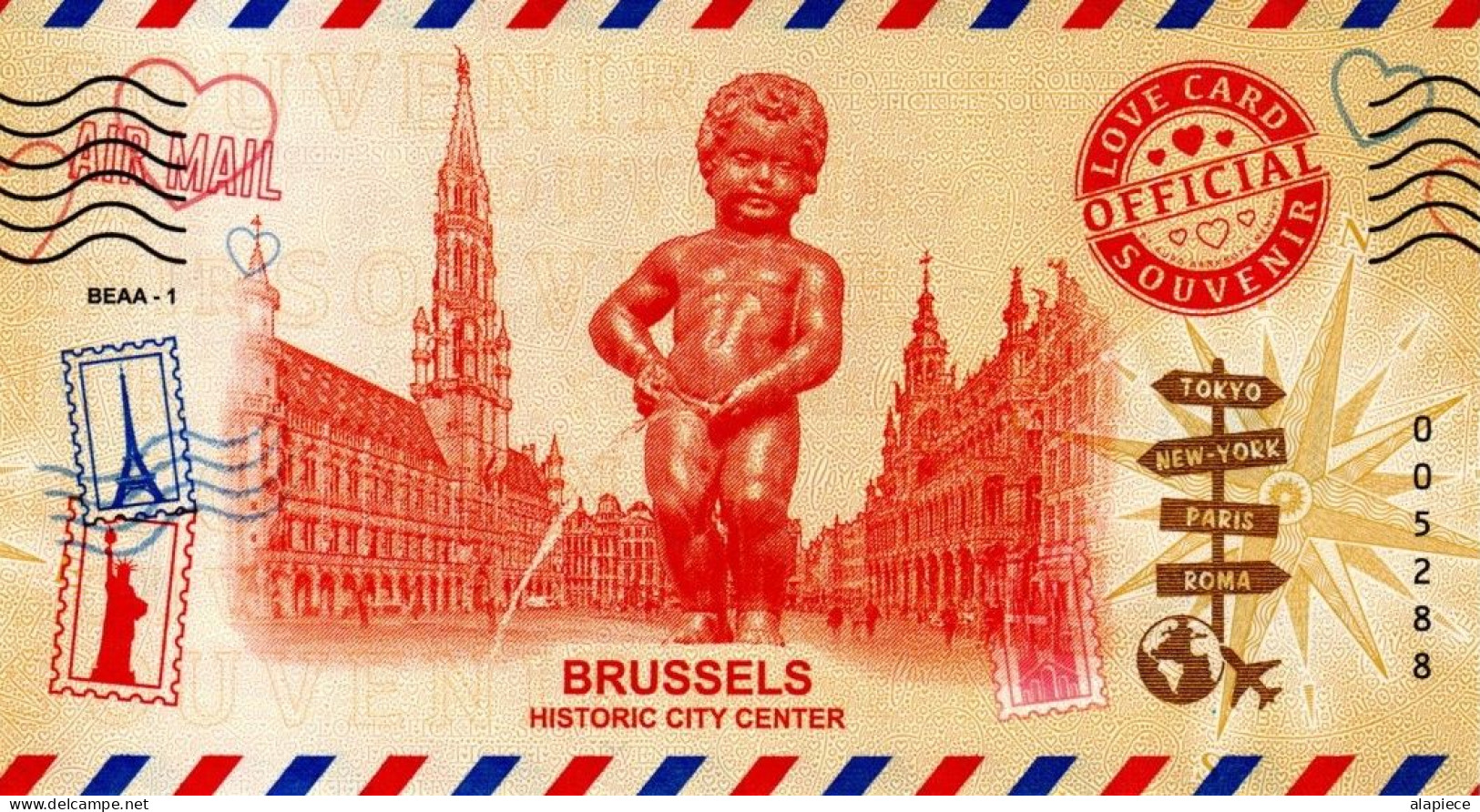 Billet "love Card Souvenir" - Brussels - Historic City Center (BEAA-1) N°aléatoire - Privéproeven