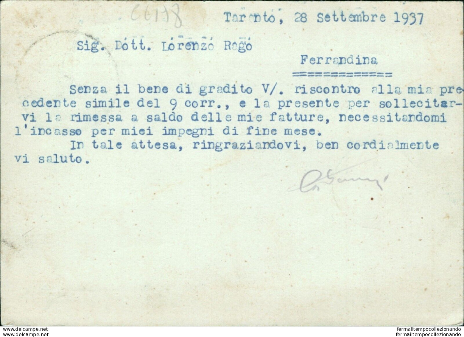 Cl198 Cartolina  Commerciale  Taranto Citta' 1937 - Taranto