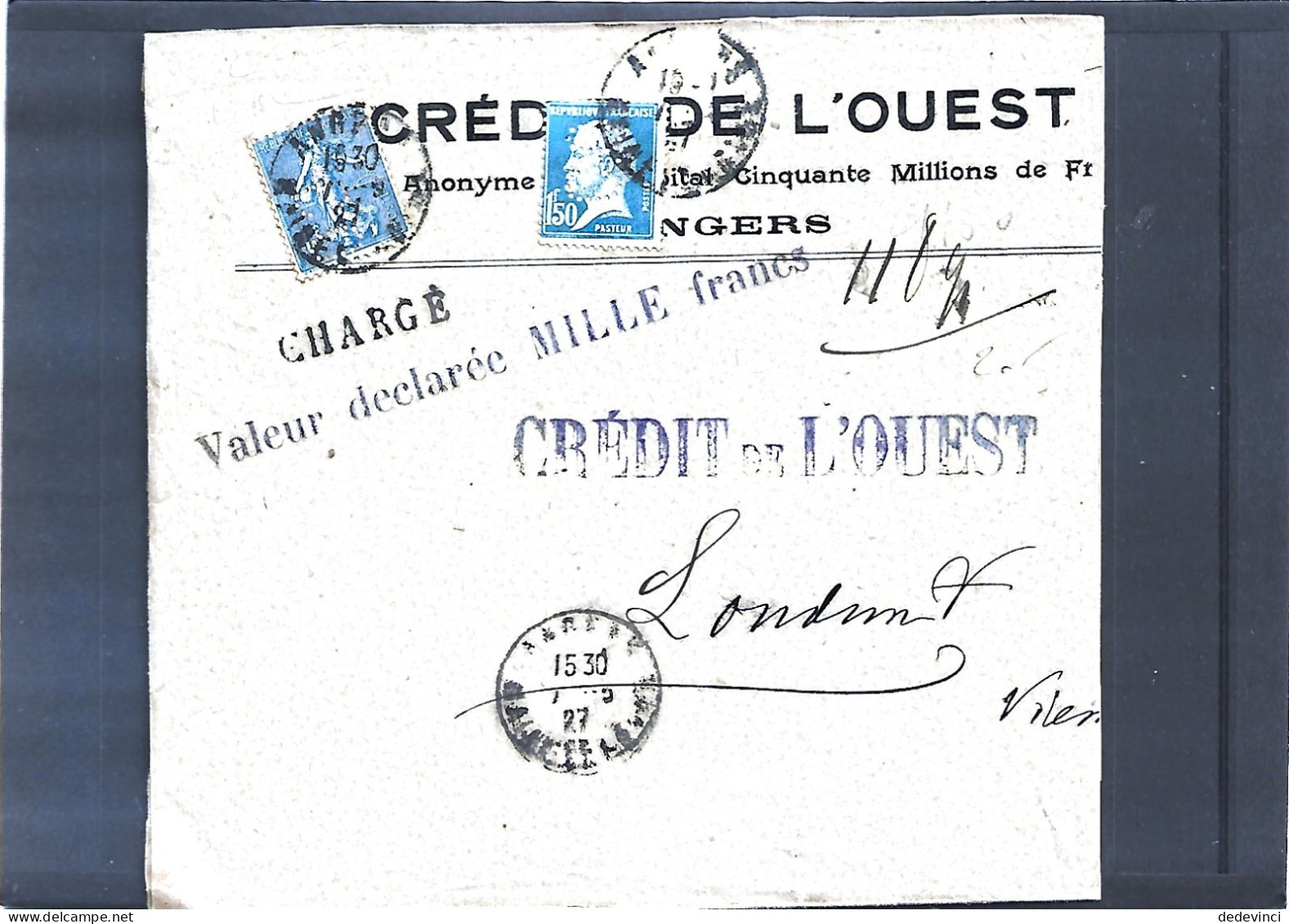 Lettre Chargée Du Crèdit De L'Ouest - Storia Postale