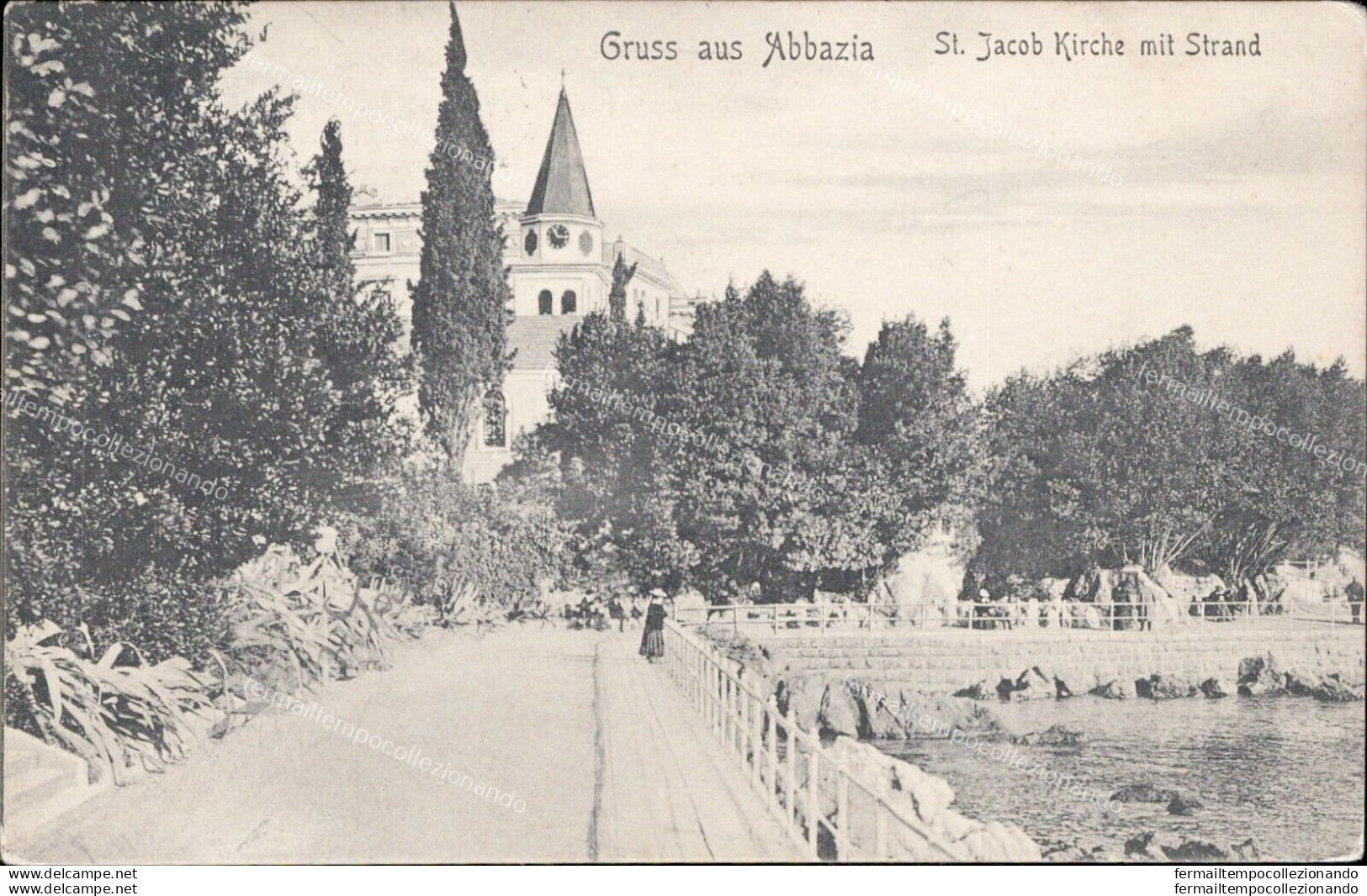 Ao99 Cartolina Gruss Aus Abbazia St.jacob Kirche Mit Strand Croazia - Andere & Zonder Classificatie