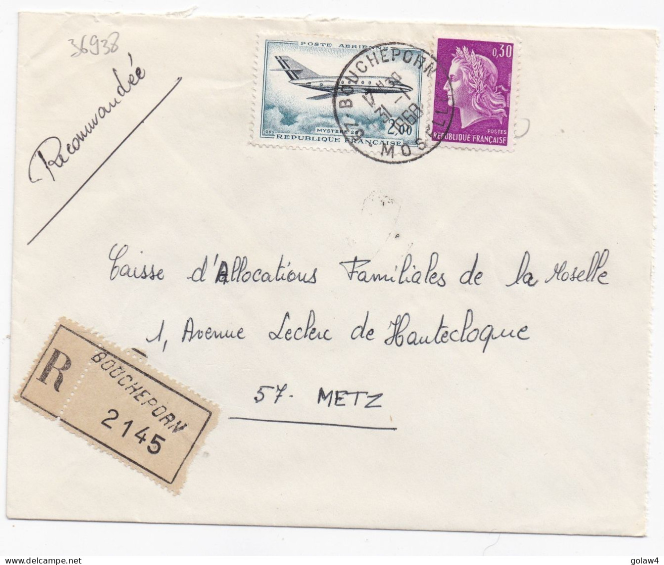 36938# LETTRE FRANCHISE PARTIELLE RECOMMANDE Obl 57 BOUCHEPORN MOSELLE 1968 Pour METZ 57 - Brieven En Documenten