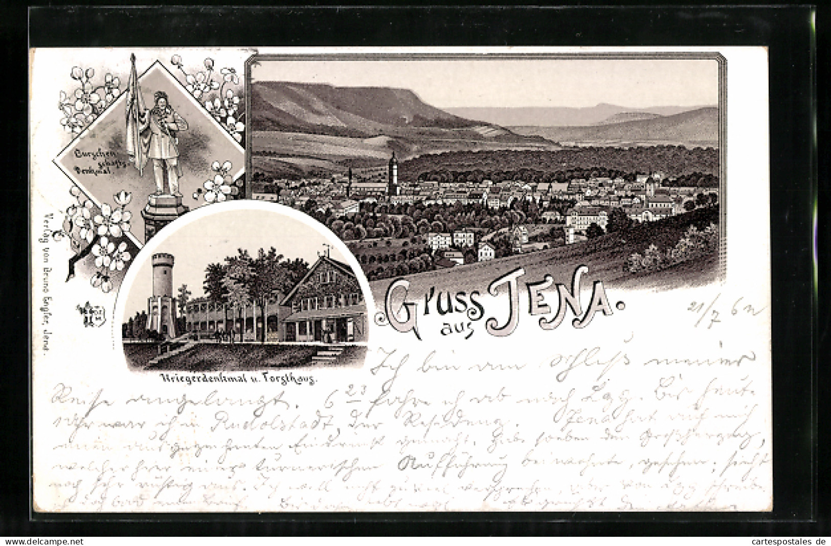 Vorläufer-Lithographie Jena, 1895, Kriegerdenkmal Und Forsthaus, Burschenschaftsdenkmal, Ortsansicht  - Jena