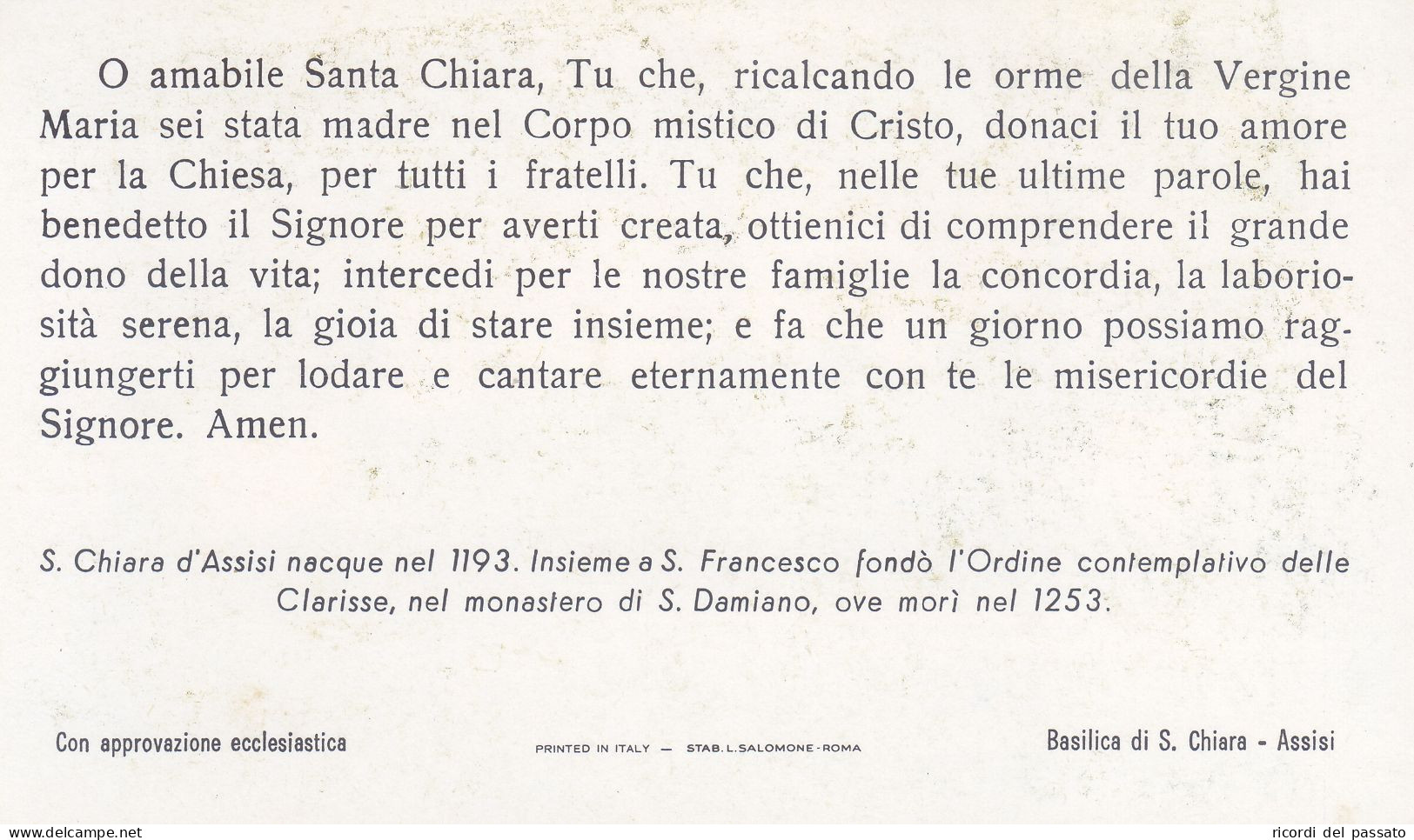 Santino Santa Chiara - Imágenes Religiosas