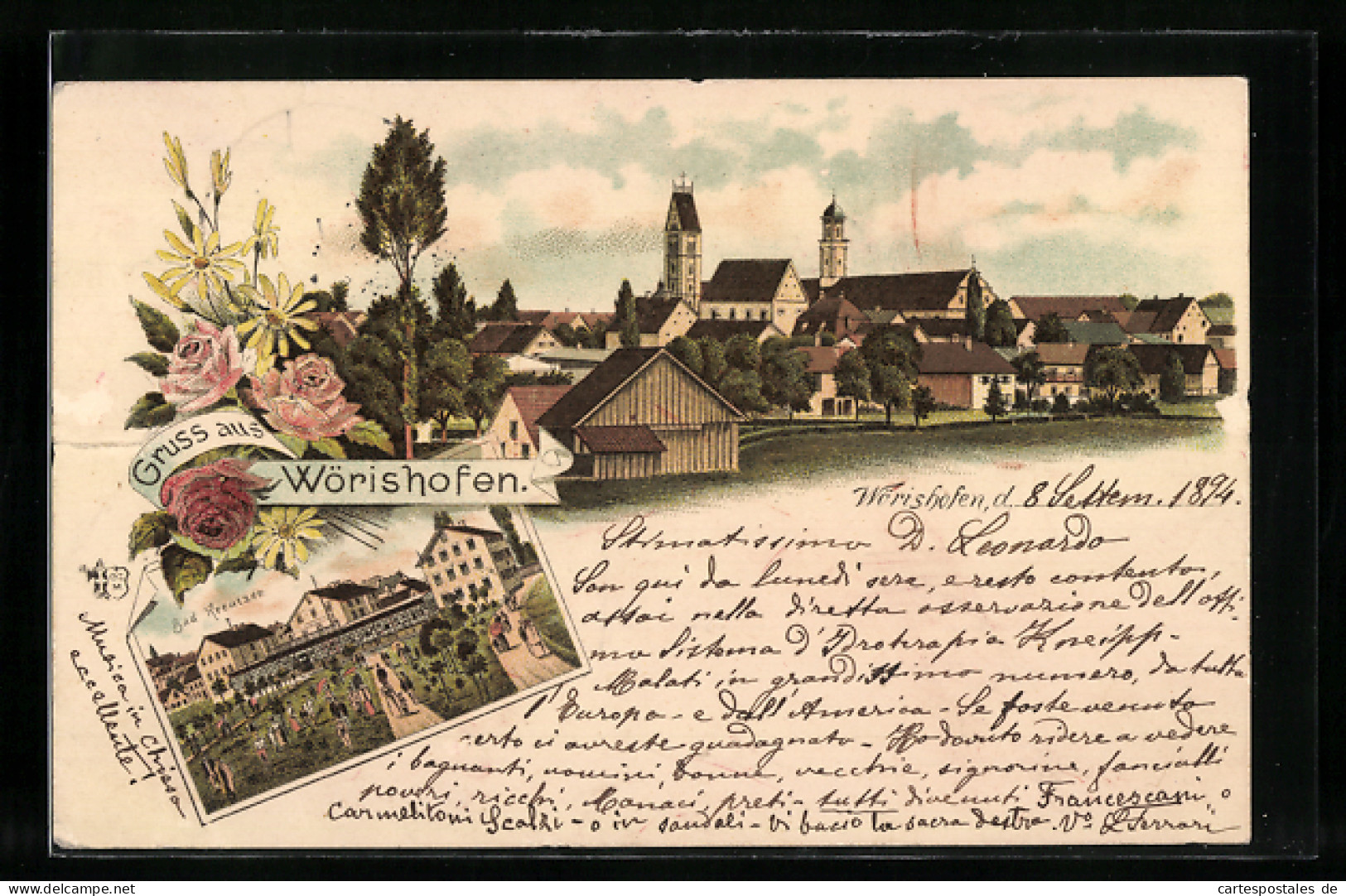 Vorläufer-Lithographie Wörishofen, 1894, Hotel Bad Kreutzer, Teilansicht  - Bad Woerishofen